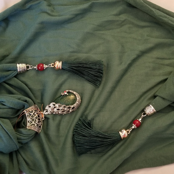 SALE NWT Embellished Scarf Green Cotton Peacock - Picture 5 of 6
